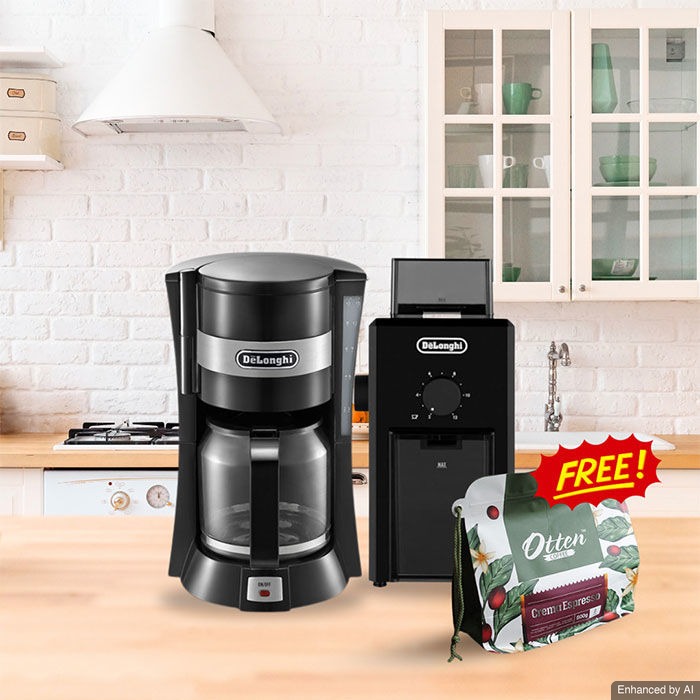 DeLonghi Bundle - Drip Coffee Maker ICM 15210 + Coffee Grinder KG79 Gratis Crema Espresso 500gr