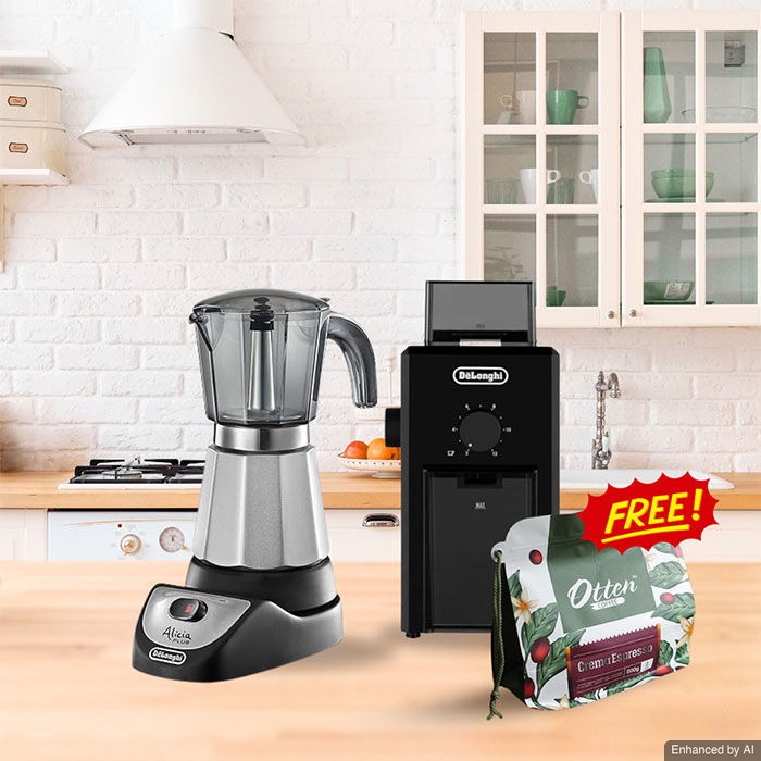 DeLonghi Bundle - Moka Pot Coffee Maker EMKP63.B + Coffee Grinder KG79 Gratis Crema Espresso 500gr