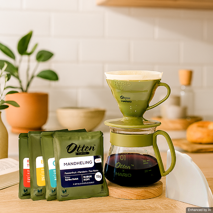 Otten x Hario Paket V60 Dripper 01 Glass Coffee Server 360ml Set Paper Filter + Kopi Arabica Robusta 4pack