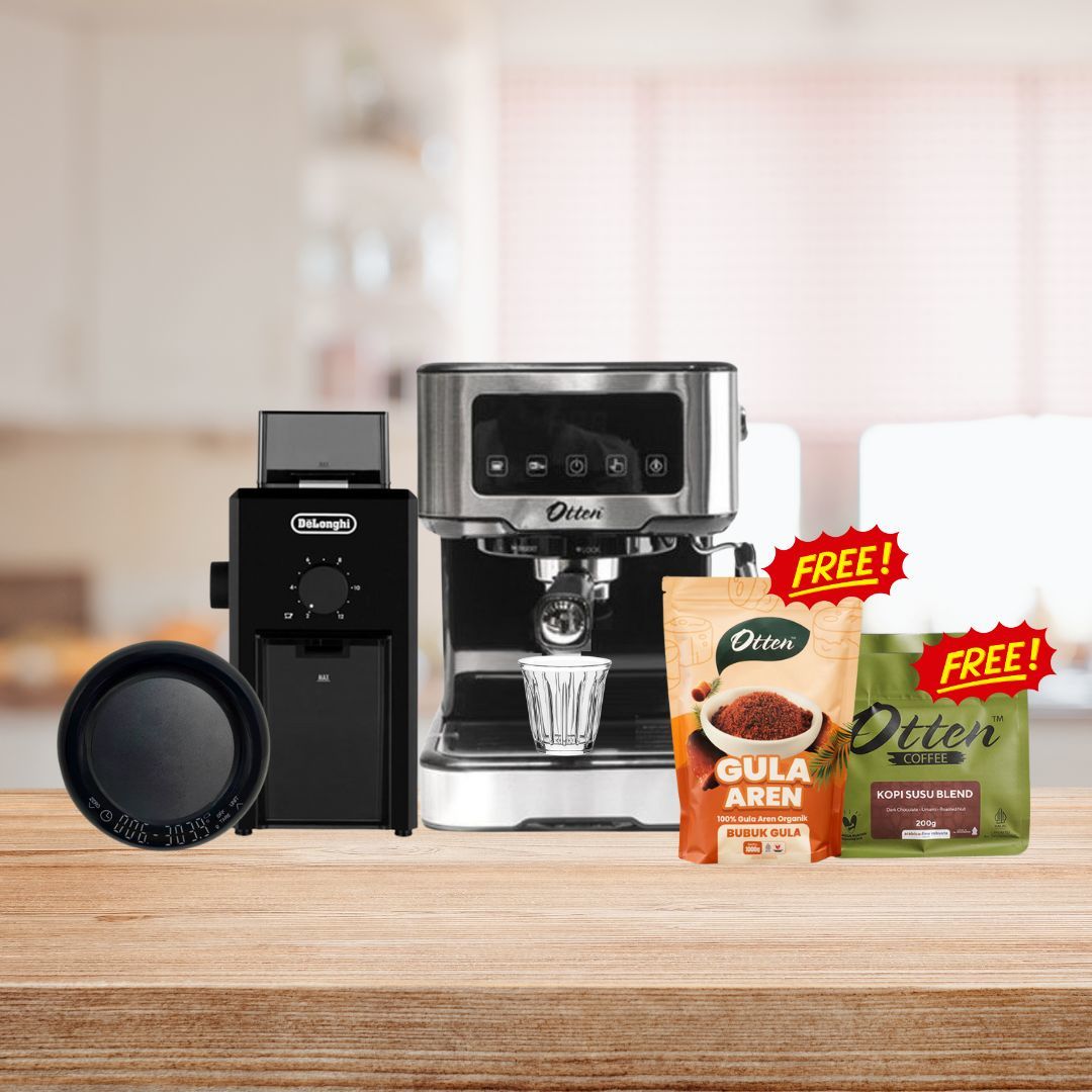 Paket Mesin Kopi Susu Gula Aren Rumahan Otten Ottura Silver + DeLonghi Coffee Grinder KG79 free Kopi dan Powder
