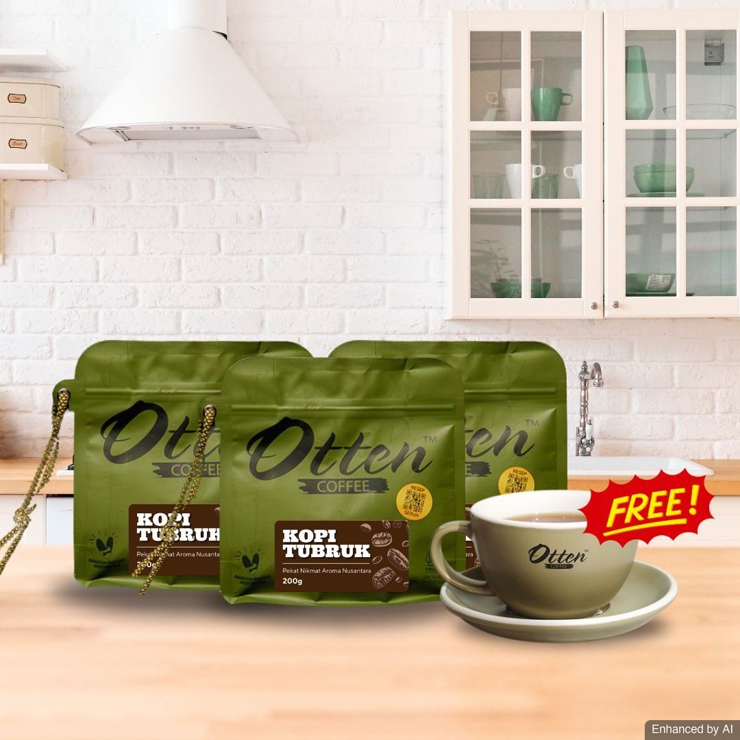 Paket 3 Bungkus Otten Kopi Tubruk Blend Legendaris 200gr Free Cup and Saucer Cappuccino 180ml