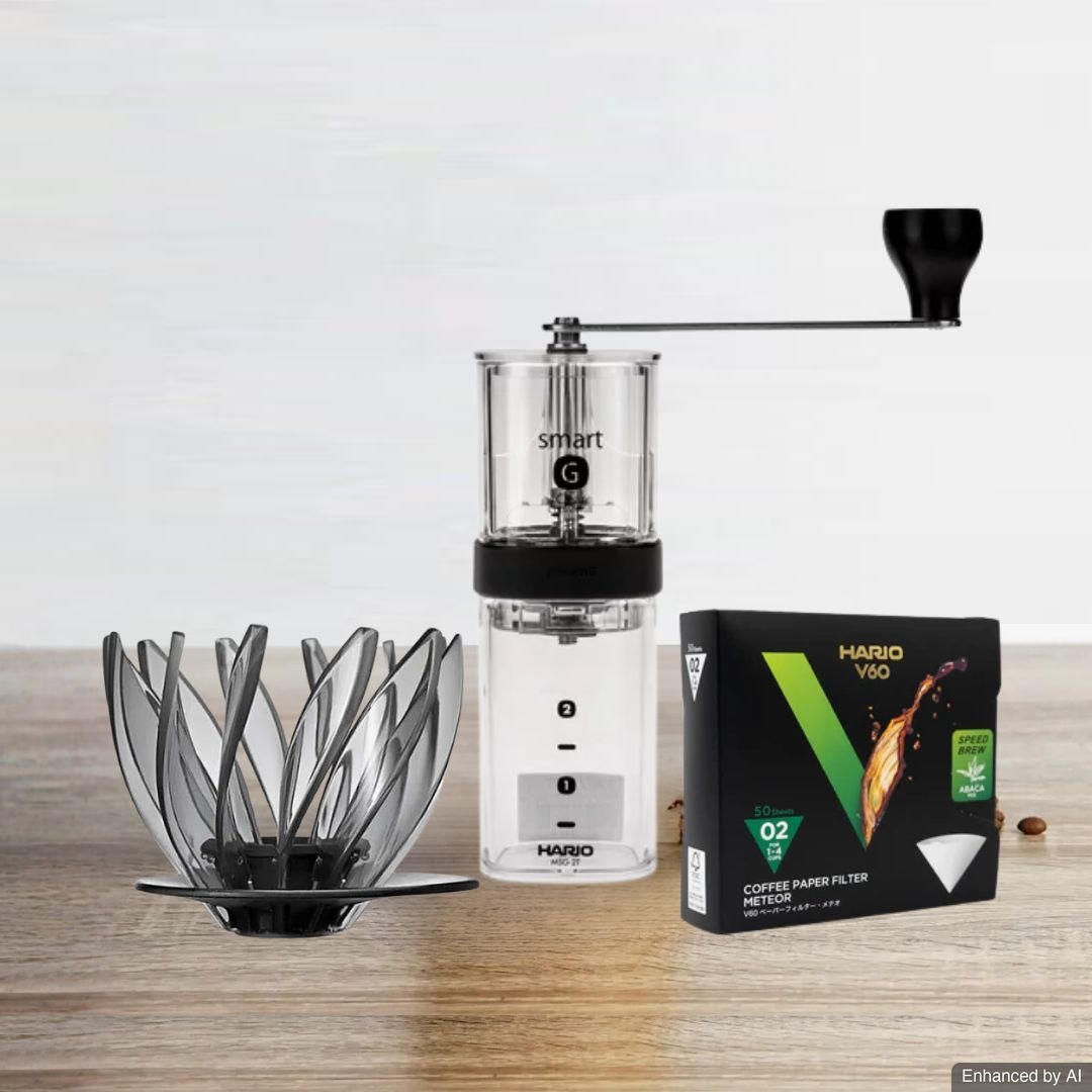 Bundling Hario V60 Coffee Dripper Suiren Transparent Black + Meteor Paper Filter 02 + Grinder Smart G