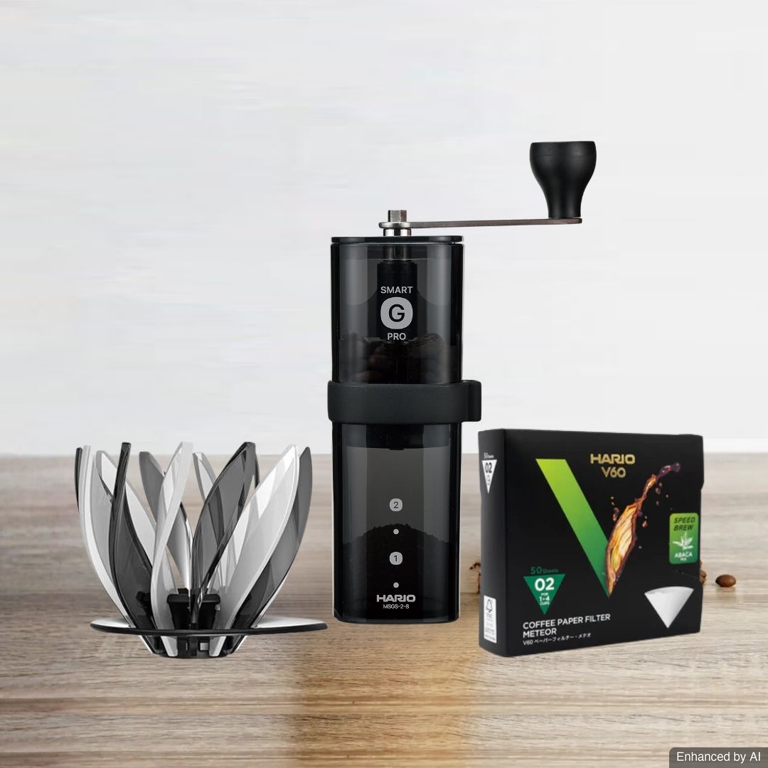 Bundling Hario V60 Coffee Dripper Suiren Black White + Meteor Paper Filter 02 + Grinder Smart G Pro