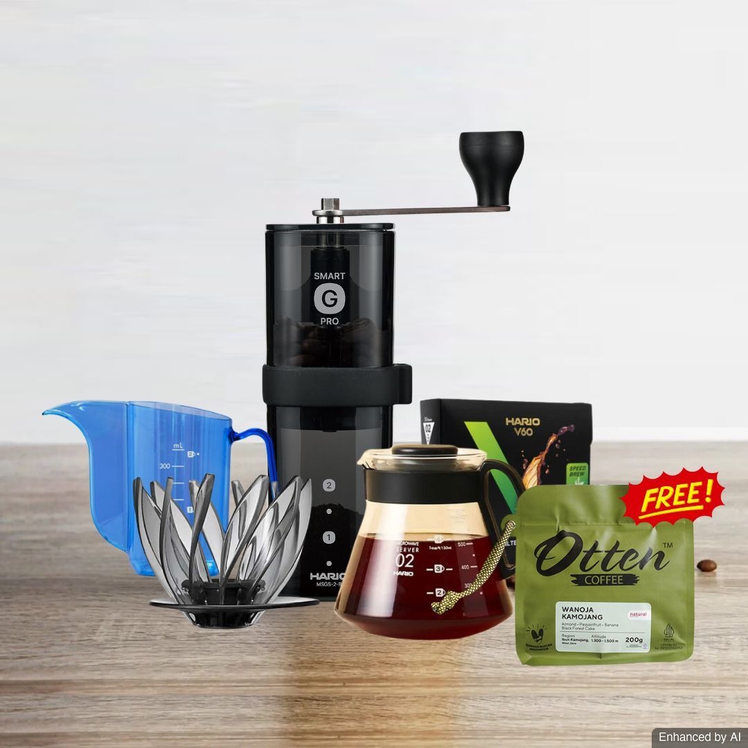 Bundling Hario V60 Coffee Dripper Suiren Transparent Black + Meteor Paper Filter 02 + Grinder Smart G Pro Gratis Kopi