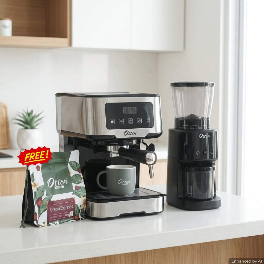 Paket Lengkap Mesin Kopi Otten Ottura Layar Sentuh Silver + Coffee Grinder Caffizio free Crema Espresso 500gr