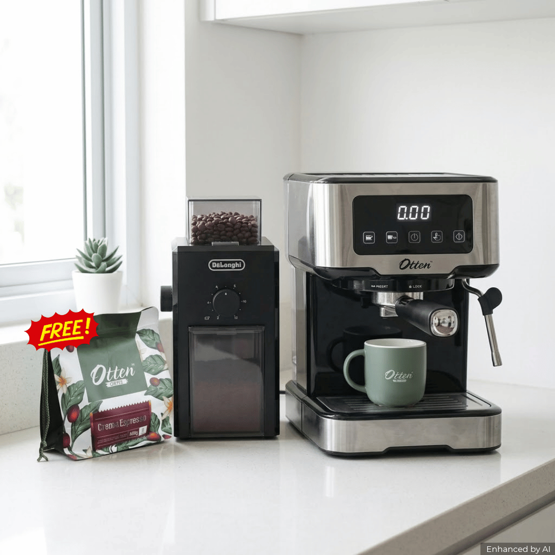 Paket Lengkap Mesin Kopi Otten Ottura Layar Sentuh Silver + DeLonghi Coffee Grinder KG79 free Crema Espresso 500gr